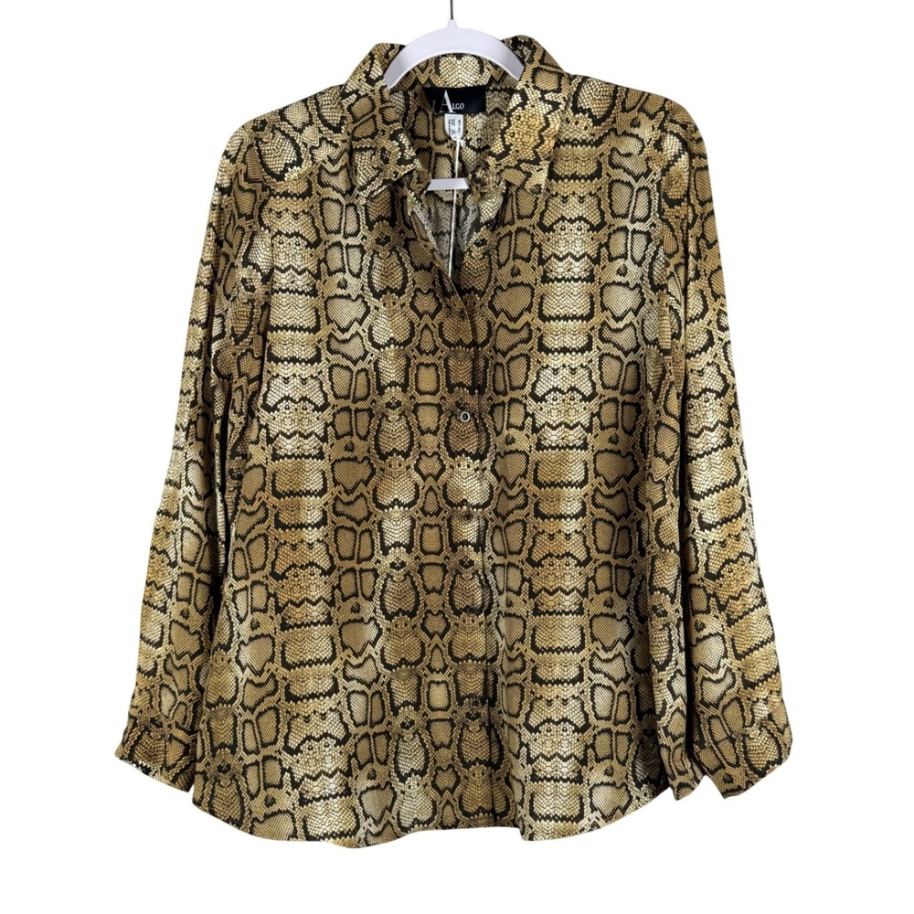 Algo of Switzerland Womens XL 100% Silk Blouse‎ Snakeskin Print Button Down NWT